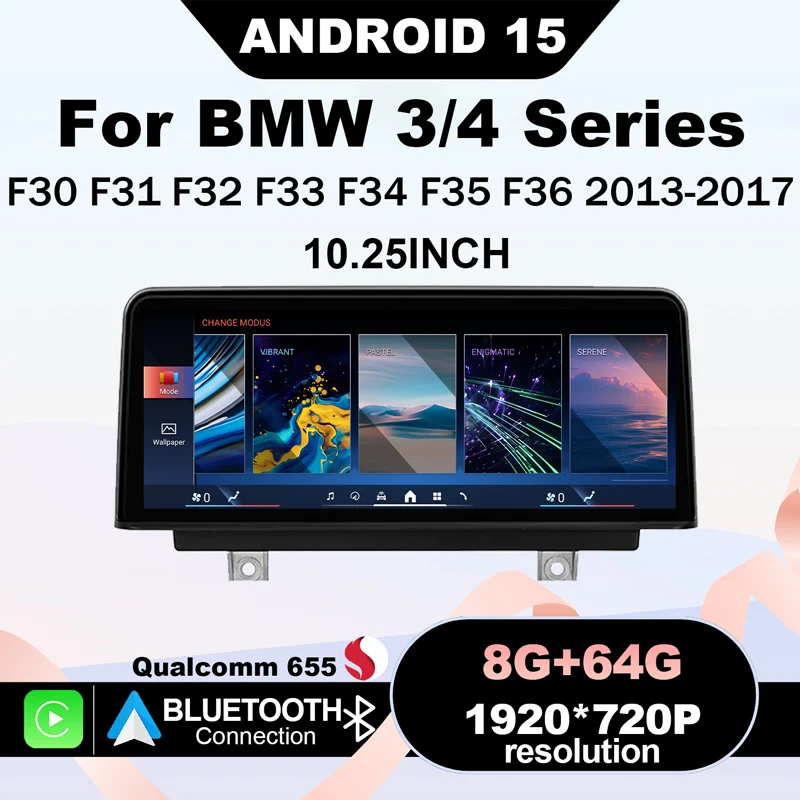 Für BMW 3/4 Serie F30 F31 F32 F33 F34 F35 F36 2013-2017 NBT 8+64G Auto-Multimedia-Video-Player AndroidAuto Wireless Carplay Radio Navigation GPS Android 15 Qualcomm Snapdragon 665 Chip