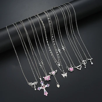 9 Pcs Women's Elegant Zircon Pendants Necklace Set Fashion Pink Color Cross Butterfly…