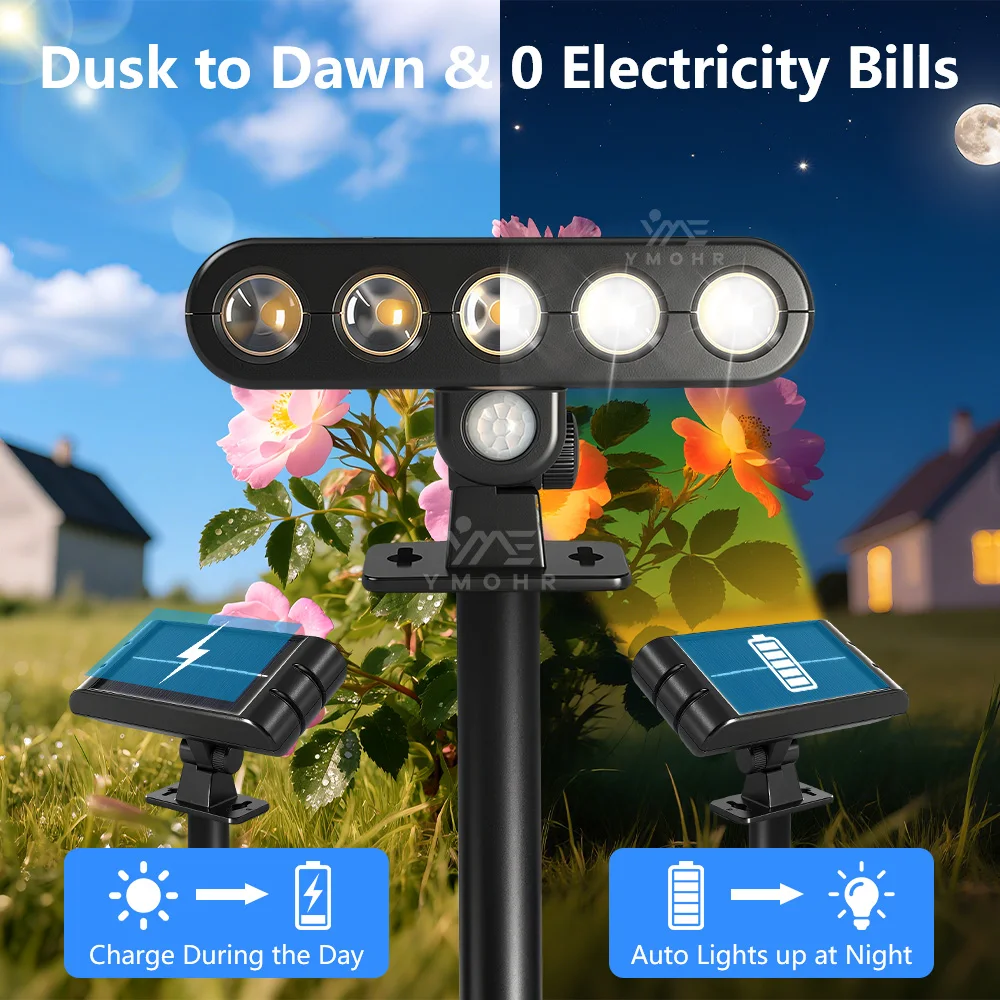 Faretti solari da 5 LED da giardino impermeabili IP65 applique da parete luminosità regolabile per l'illuminazione esterna della decorazione del prato del vialetto del cortile