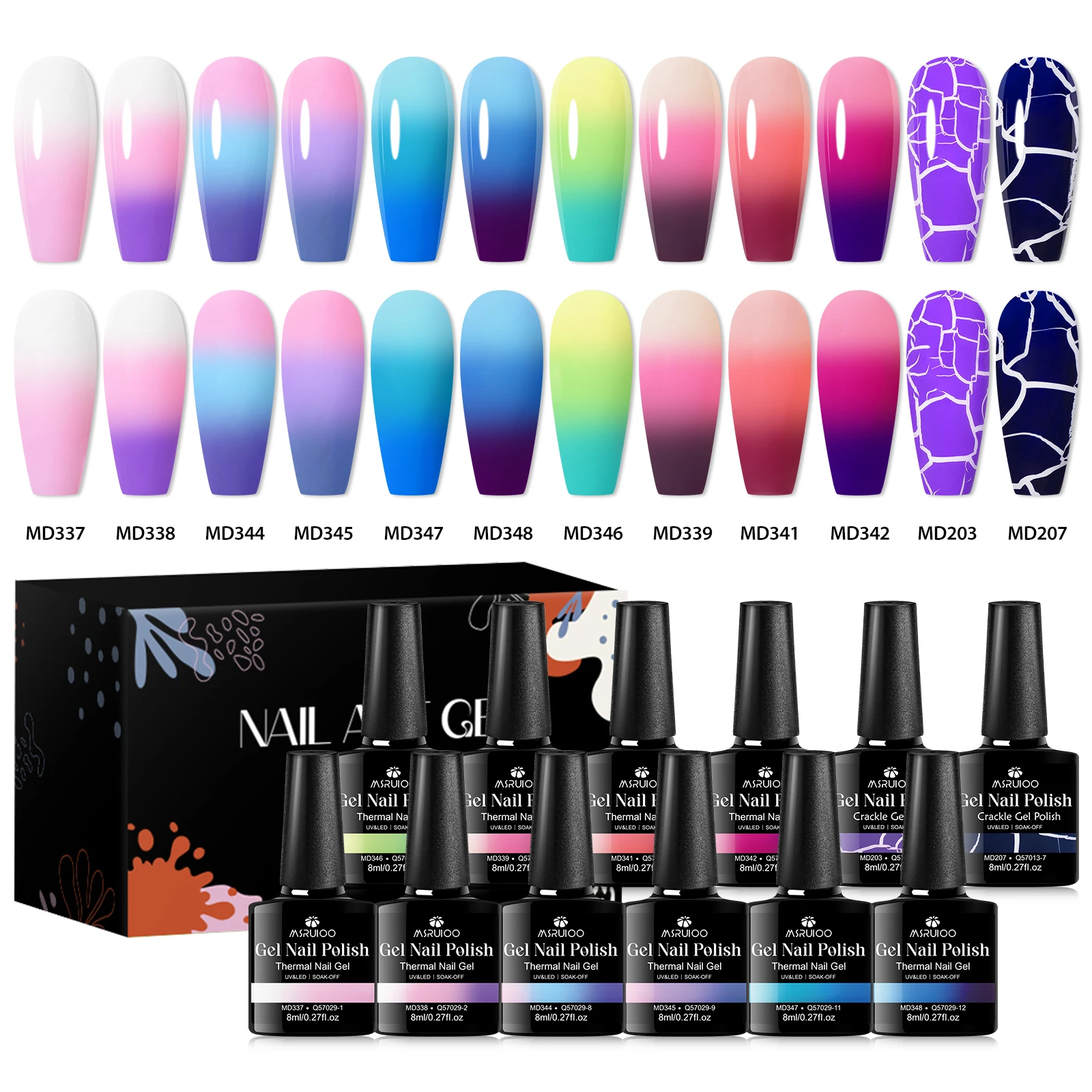 12pcs 8ml Thermal Crackle Nail Gel Set Fluorescent Neon Colors Creative Nail Art Collection Long Wearing High Pigment UV LED