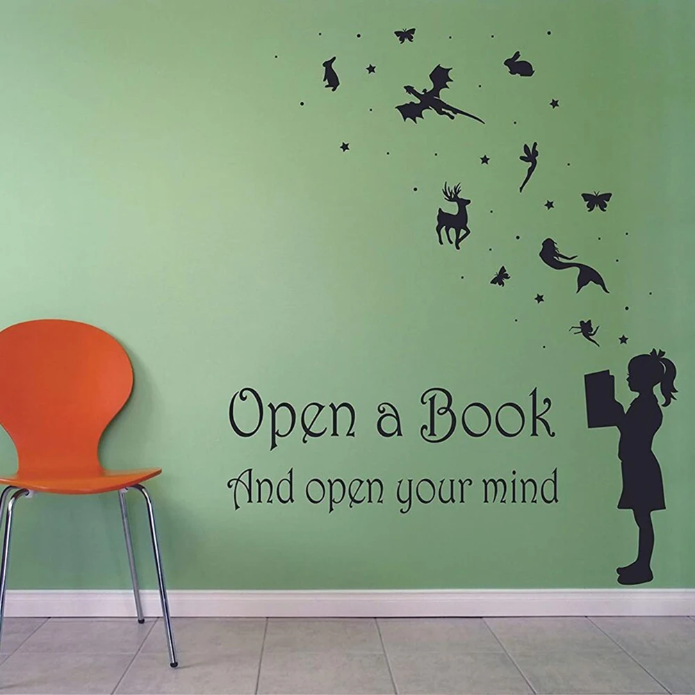 

Reading Books Motivation Quotes Wall Sticker Library Bedroom Open Book and Mind Daycare Story Wall Decal Girl Room Vinyl Decor