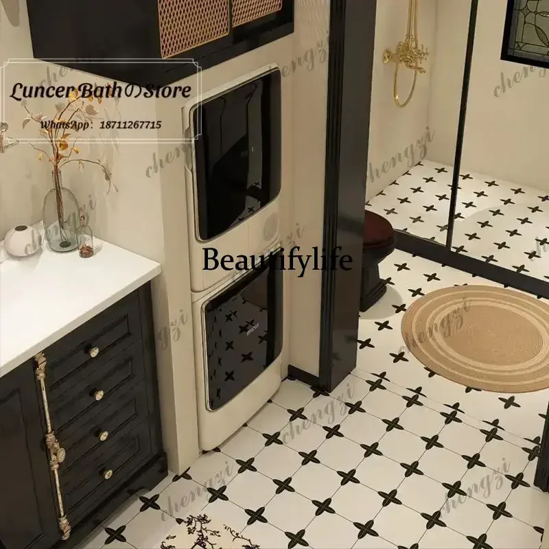 French retro bathroom vanity set with integrated ceramic basin, arched mirror, and floor cabinet b567