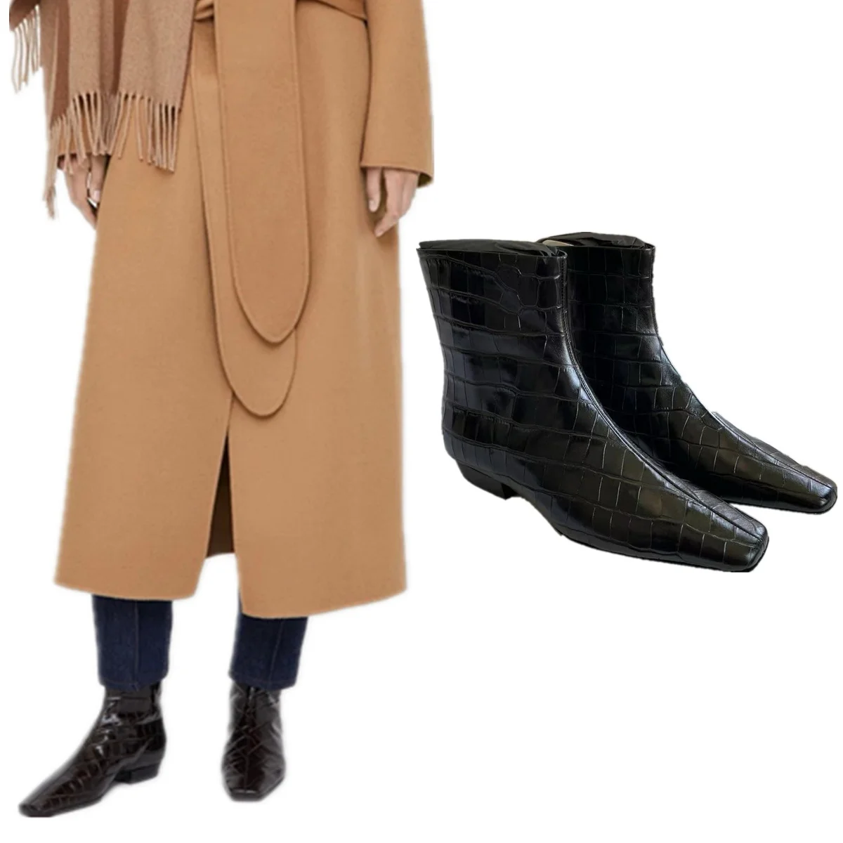 

Maxdutti French Retro Crocodile Pattern Square Toe Ankle Boots Minimalist Genuine Leather Comfortable Autumn Winter Chelsea Boot
