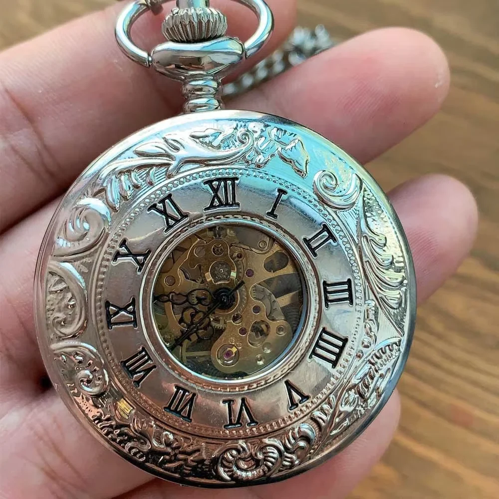 レトロなファッションローマスケール両面オープン機械式懐中時計男性と女性チェーン付き