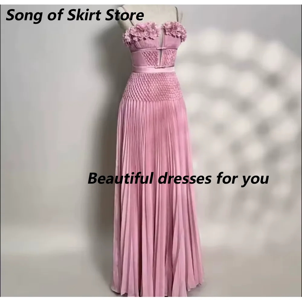 Pink Evening Dress Customized Chiffon 3D Flowers A-Line V-Neck Spaghetti Straps Modern Party Gowns Zipper Back Party Gown image 3