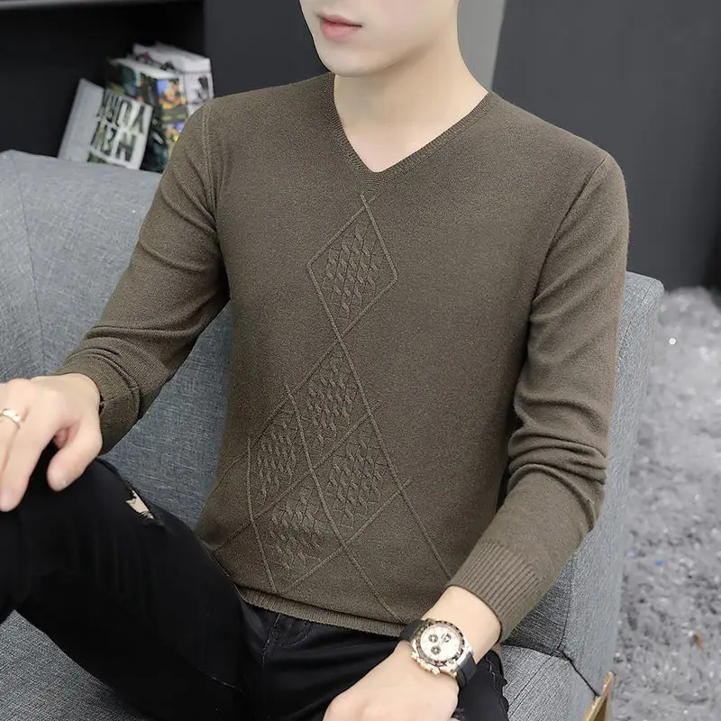 

New Men Casual Solid Sweater V-neck Loose Cotton Sweaters Pullovers Mens High Elasticity Fashion Slim Fit Male Pullover E412