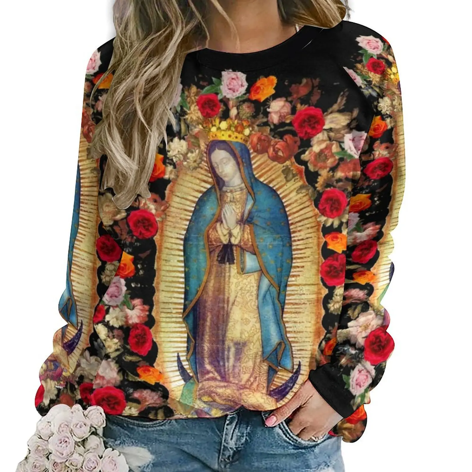 Mexican Virgin Mary Casual Hoodies Floral Print Aesthetic Graphic Hoodie Winter Long Sleeve Hip Hop Oversize Sweatshirts Gift