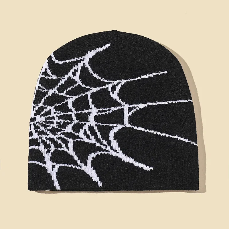 

New Goth Spider Web Jacquard Beanie Caps Y2K Knitted Warm Hip Hop Unisex Elastic Knit Hat Skull Cap For Women Men