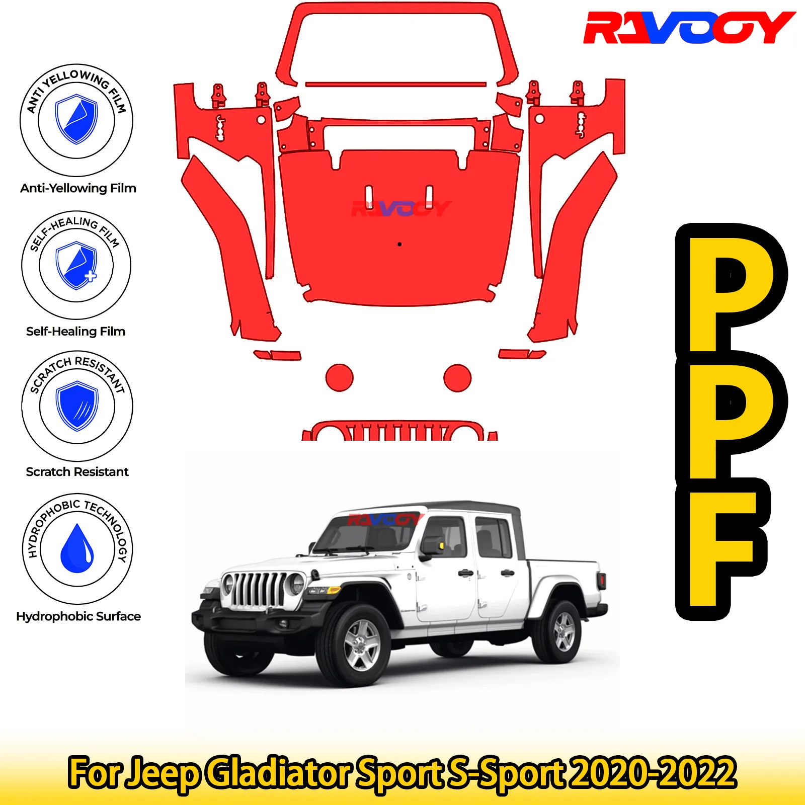 

For Jeep Gladiator Sport S-Sport 2020-2022 Glossy Matte Black Precut front PPF Kit Paint Protection Film