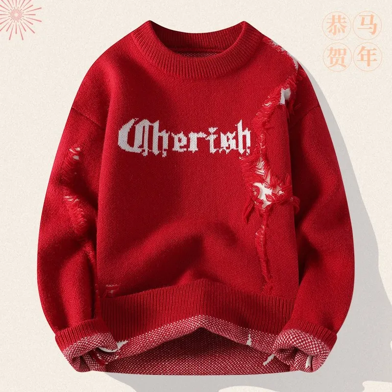 

Autumn Winter Red Youth Men's Knitted Sweater Casual Versatile Faionable Warm Long Sve round Ne Sweatirt for Daily Wear