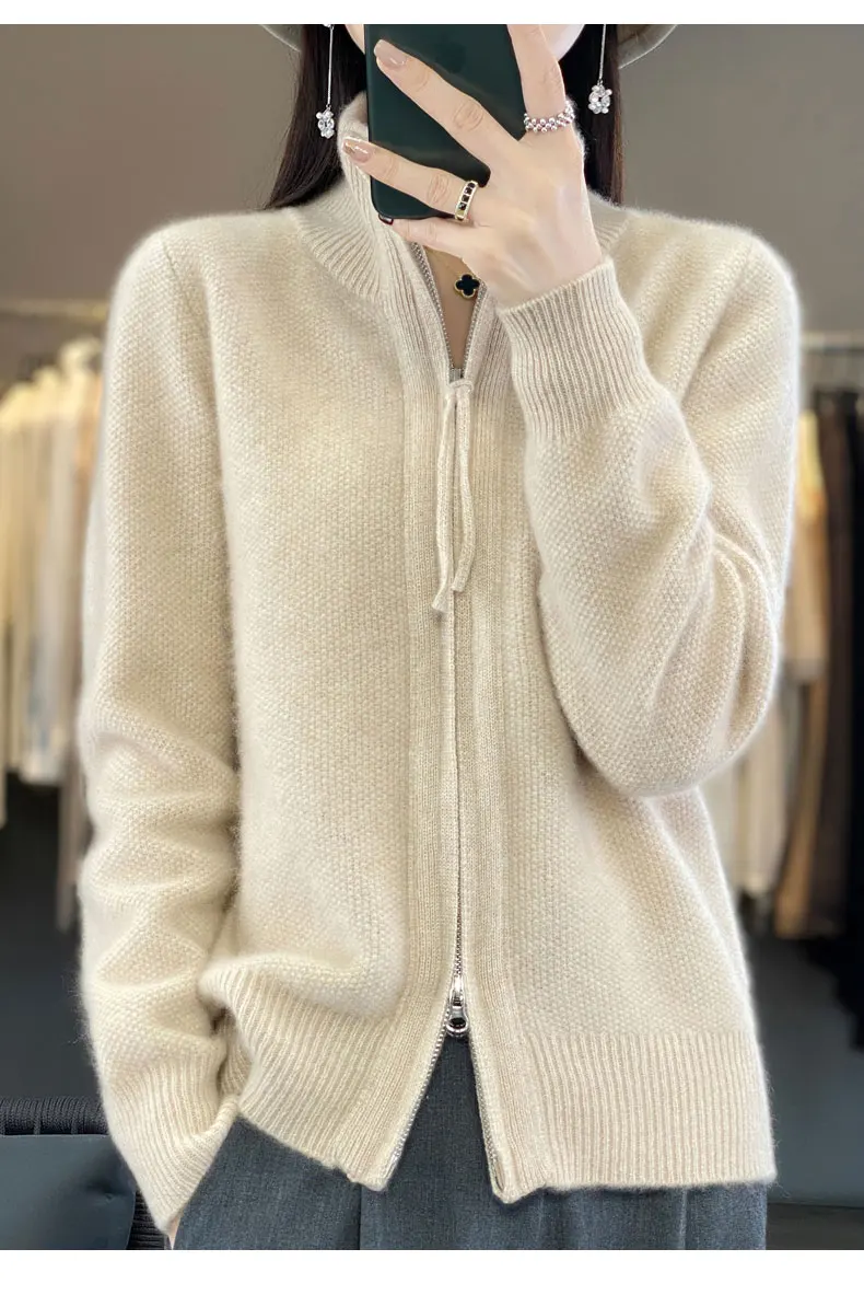 Autumn And Winter New Thick Two-Way Zipper Wool Cardigan Women's Loose Casual Sweater Solid Color Knitted Cashmere Coat
