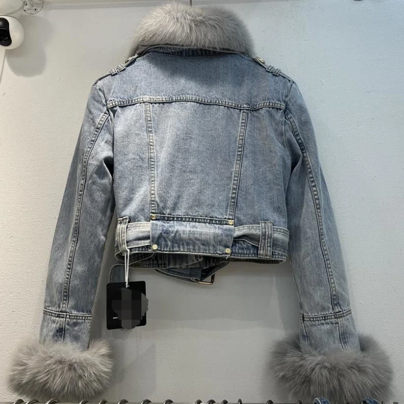 Women Imitation Fox Fur Collar Spliced Denim Coat Thickened Plush Inner Jeans Jacket Short Turn Down Collar Cardigan Belted Tops