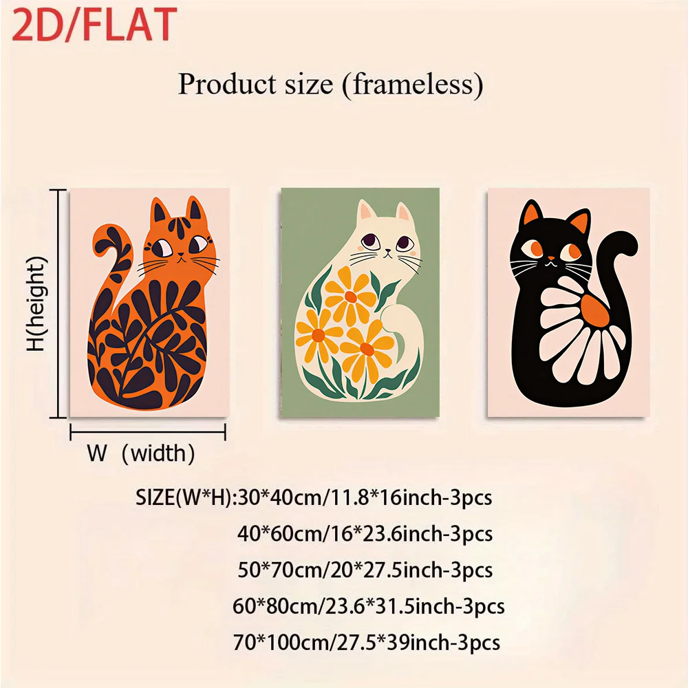 1 set of three-panel frameless cat decorative paintings, cartoon animal art wall hangings, cute cat pattern decorative paintings