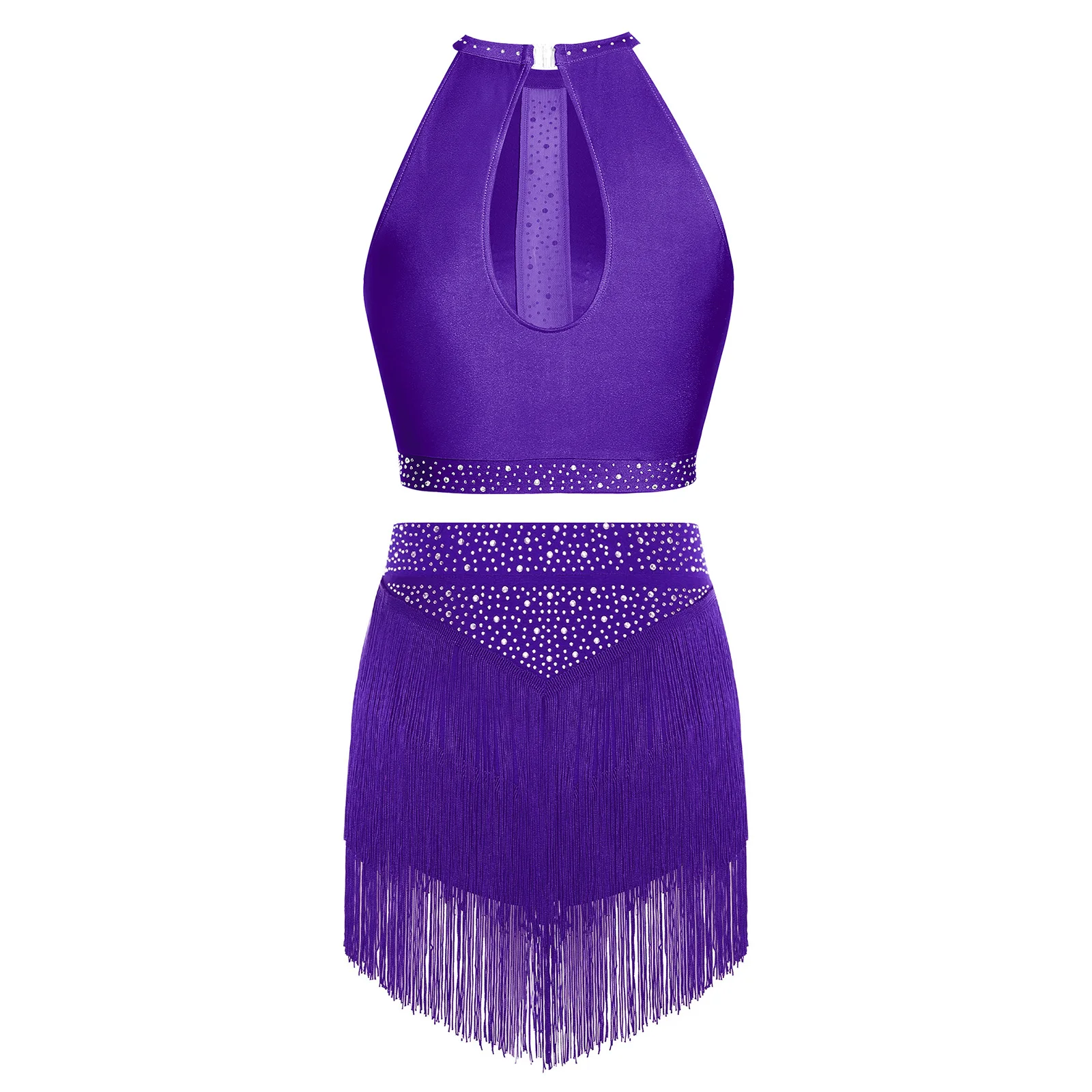 Rhinestone Keyhole Back Crop Top and Tiered Tassel Skirt for Women Latin Salsa Cha Cha Tango Dance Competition Costume Dancewear