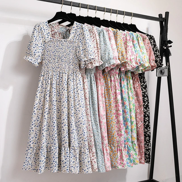 Letnie plisowane damskie sukienki szyfonowe Casual Beach Holiday z krótkim rękawem kwadratowy kołnierzyk kobieta Midi sukienka czeski Mujer Vestidos