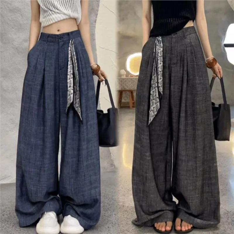 American style spicy girl cotton and linen casual skin-friendly long pants 2025 summer new fashion scarf wide-leg pants