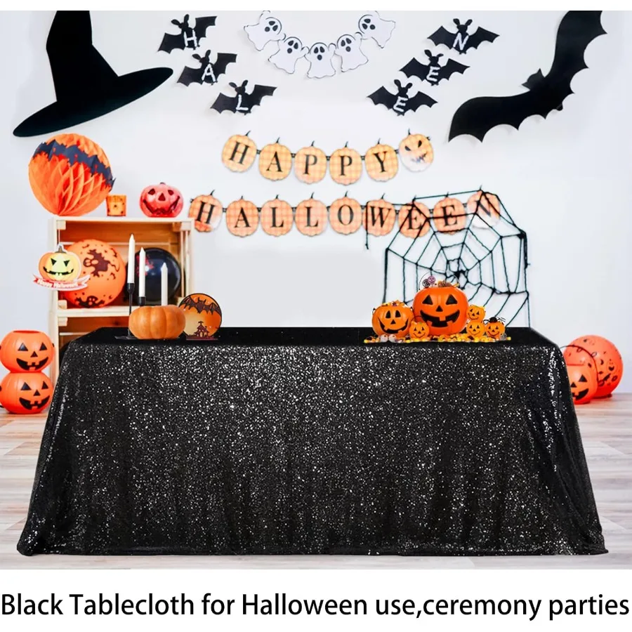 60x102inch Black Sequin Table Linens for Halloween and Wedding Events: Seamless Glitter Tablecloth with Elegant Sparkle Finish