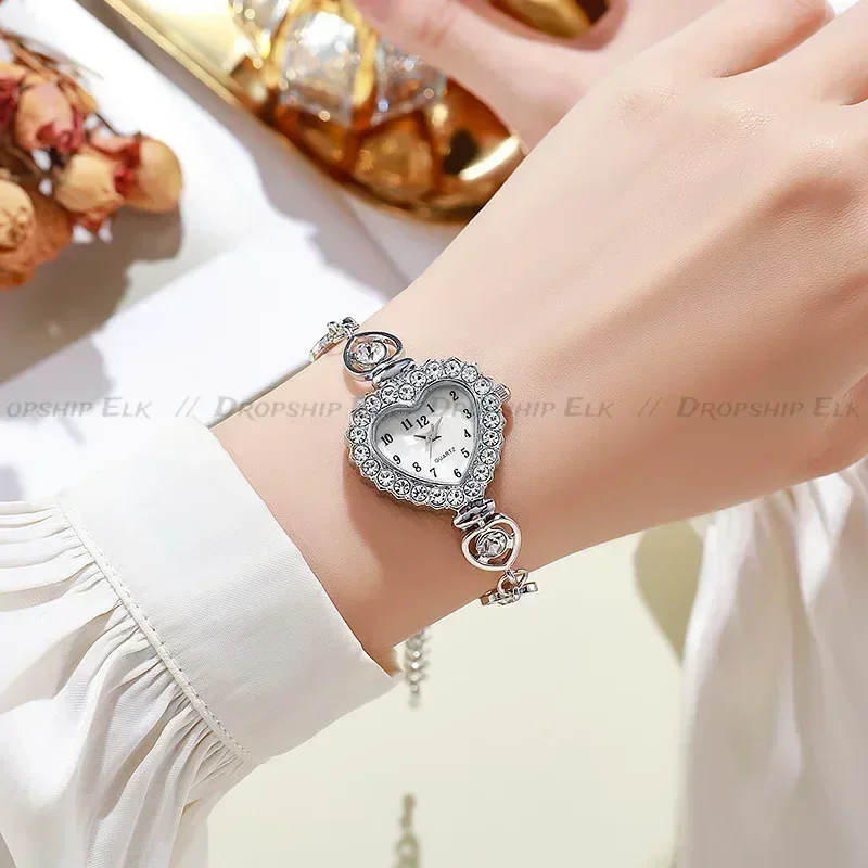 Новые женские часы со стальным ремнем в форме сердца с бриллиантами, модные универсальные часы-браслет высокой красоты, повседневные часы