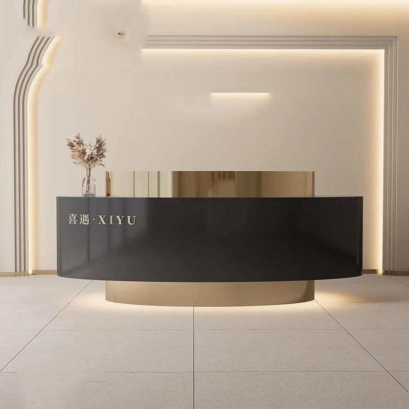 Luxury Curved Reception Desks Modern Shelves Restaurant Company Desks Industrial Hotel Display Escritorio Commercial Furniture - Image 4