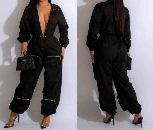 Sexy Jumpsuit for Womens 2024 Metal Zipper Bread Bag Casual Jumpsuit Full Length for Sexy and Elegant Women