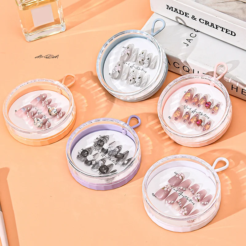 1/6개 클리어 프레스온 네일 보관함 라운드 플라스틱 형태 끈 포함 - 네일 포장 케이스 보관 도구 액세서리