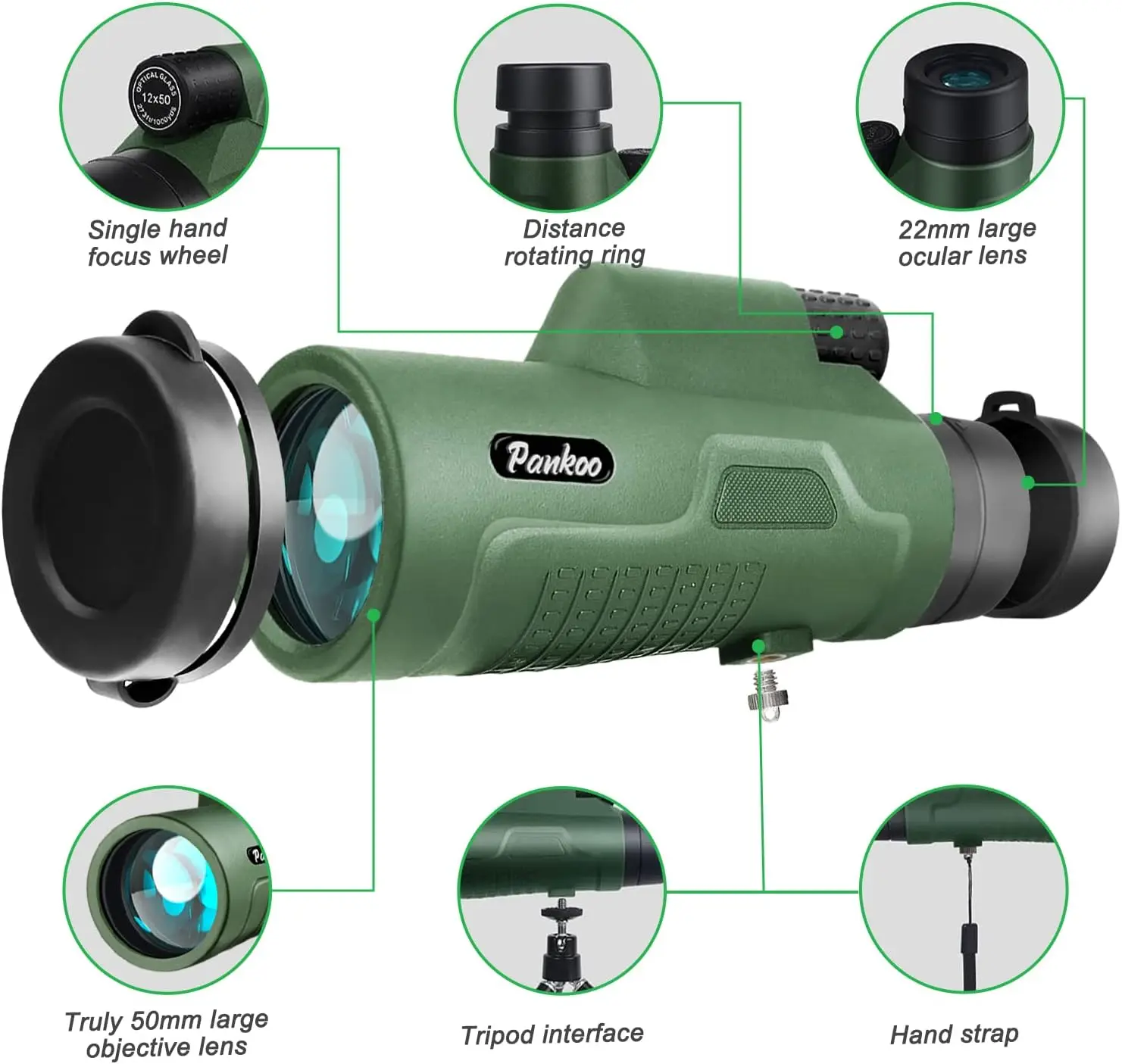 Telescopio Monocular con correa de mano para adultos, adaptador de teléfono inteligente, trípode, 12x50