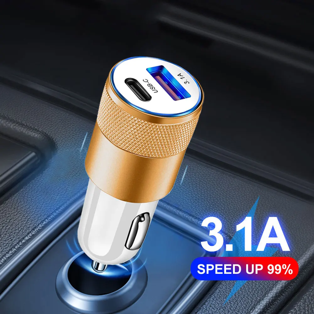 

3.1A PD Car Charger USB Type C Fast Charging Car Phone Adapter for IPhone 13 12 Xiaomi Huawei Samsung S21 S22 Car USB Charger