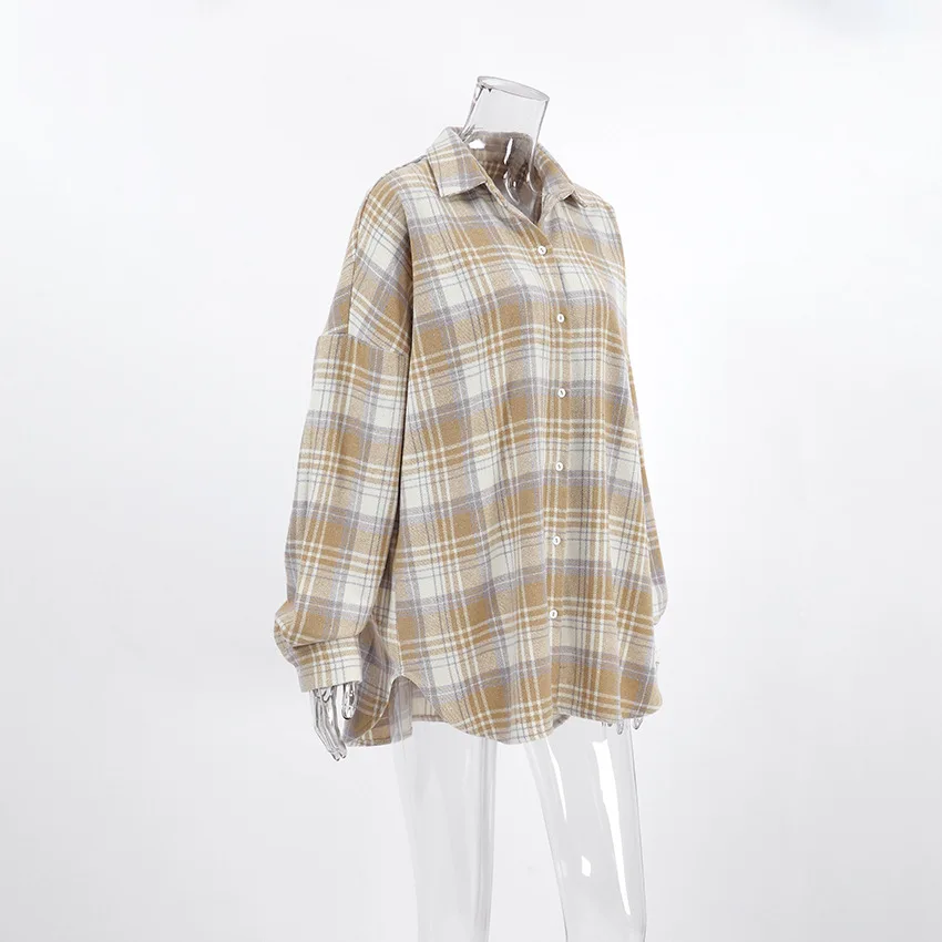 Autumn Euro-America Style Vintage T-shirts Fashion Plaid Oversize Long Sleeve Turn-down Collar Classics Coat