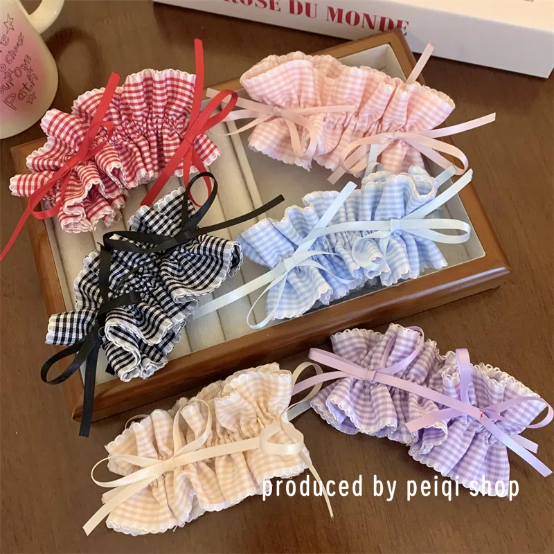 Korean Sweet Girls Plaid Bow Ribbon Scrunchie Headdress 2024 Spring Summer Colored Ruffled Hair Band Ponytail Hair Accessories