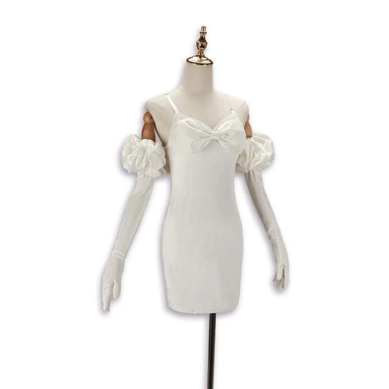 수아 코스프레 의상 가발 애니메이션 외계인 무대 코스프레 의상 마이크 화이트 드레스 귀 스터드 짧은 가발 장갑 정장 할로윈