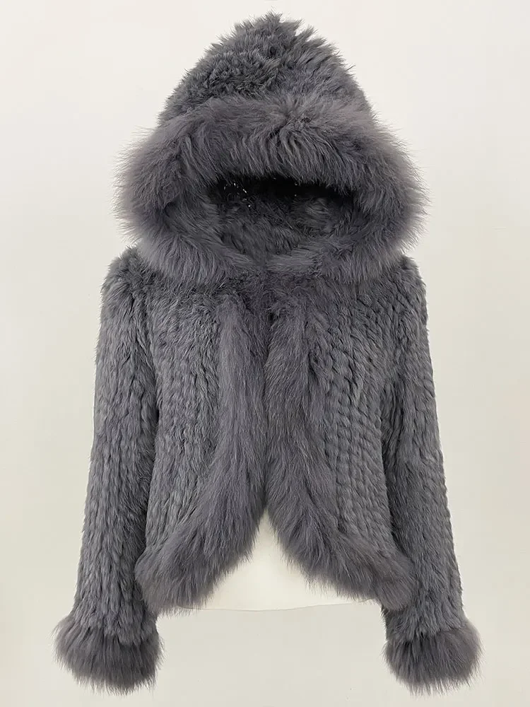 2025 New Autumn Winter Hooded Real Fox Fur Jacket Natural Rabbit Fur Coat Women Fashion Solid Kintting Fur Outerwear Female