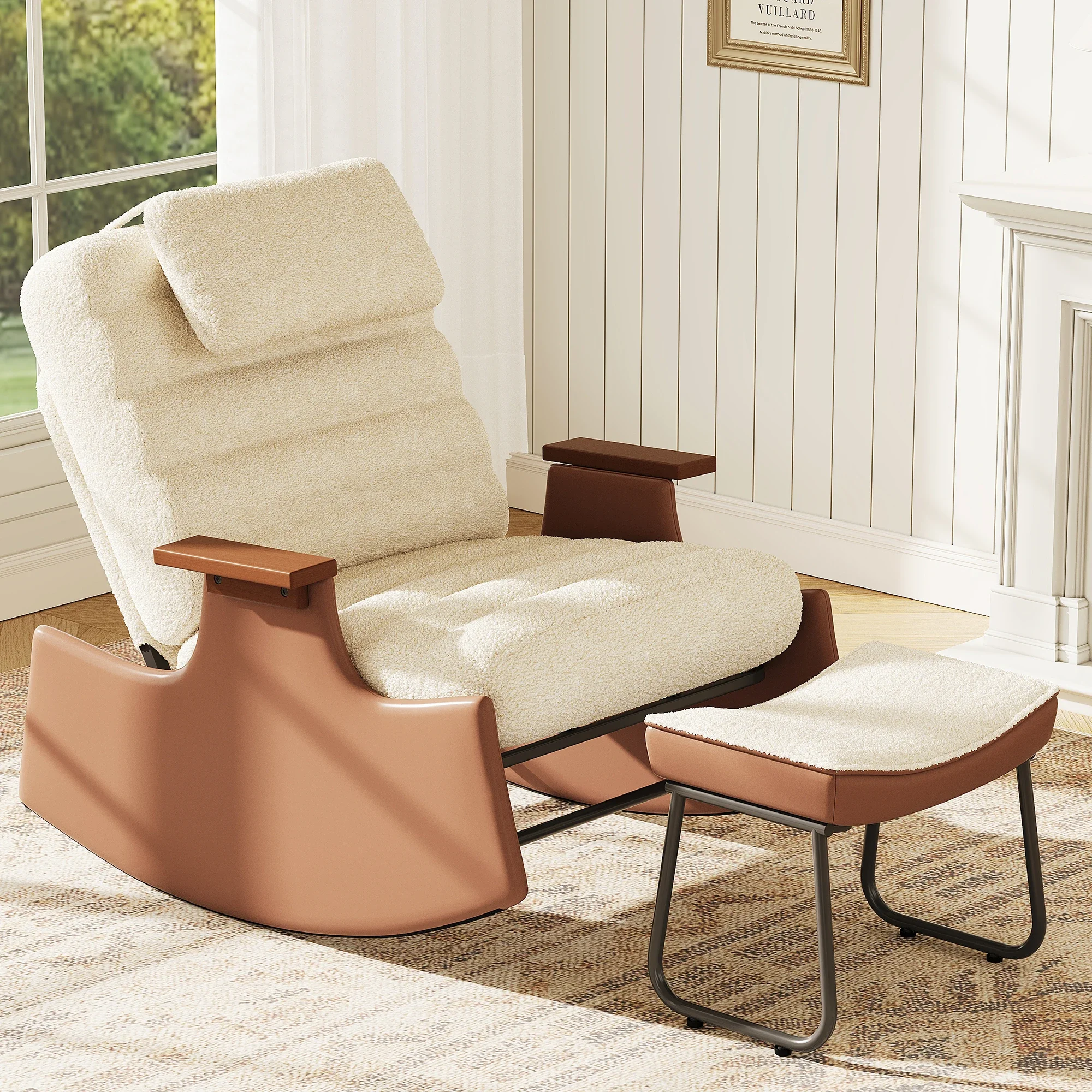 Fauteuil à bascule Comanlai avec repose-pieds, fauteuil de lecture avec dossier réglable, fauteuil relaxant pour salon, chambre à coucher, beige