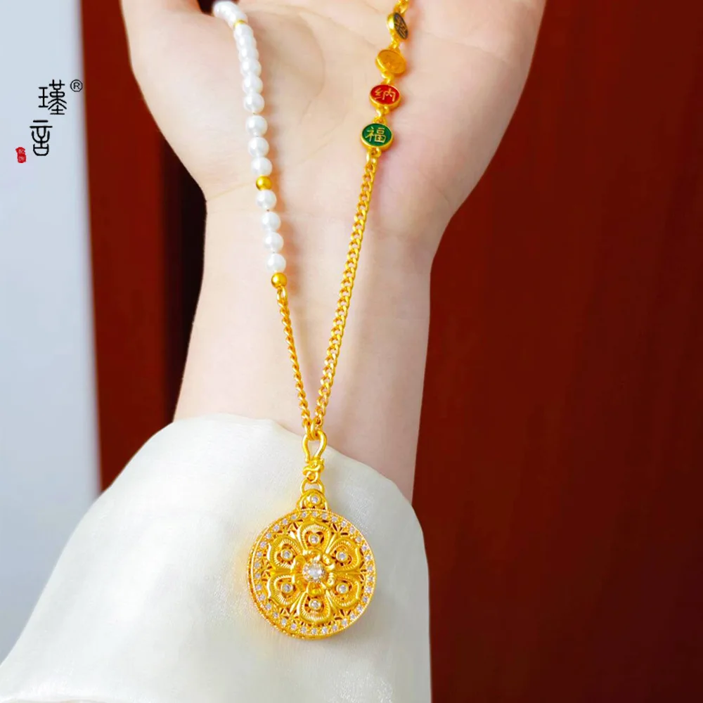 

Gold shop 9999 24K real gold exquisite lotus six-character mantra ancient method hollow disc long white shell bead necklace