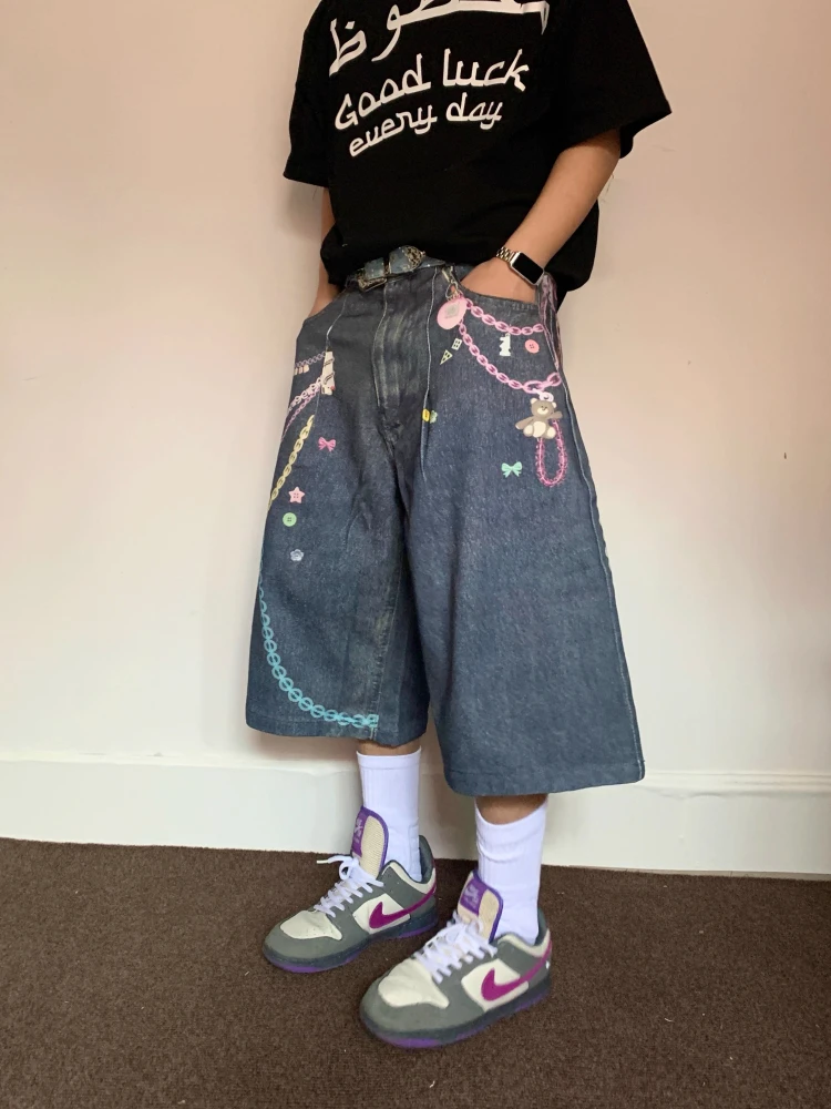 

Summer American Retro 3D Color Chain Print Seven-Foot Loose Jeans Men Women High Street Hip Hop Wide Leg Shorts Casual Jeans