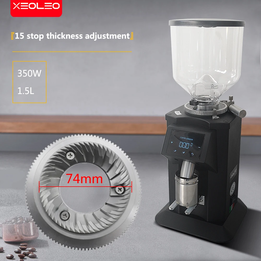 XEOLEO 1450 RPM Commercial Electric Coffee Grinder 74MM Flat Stainless Steel Burr Espresso Coffee Bean Grinder Machine 350W