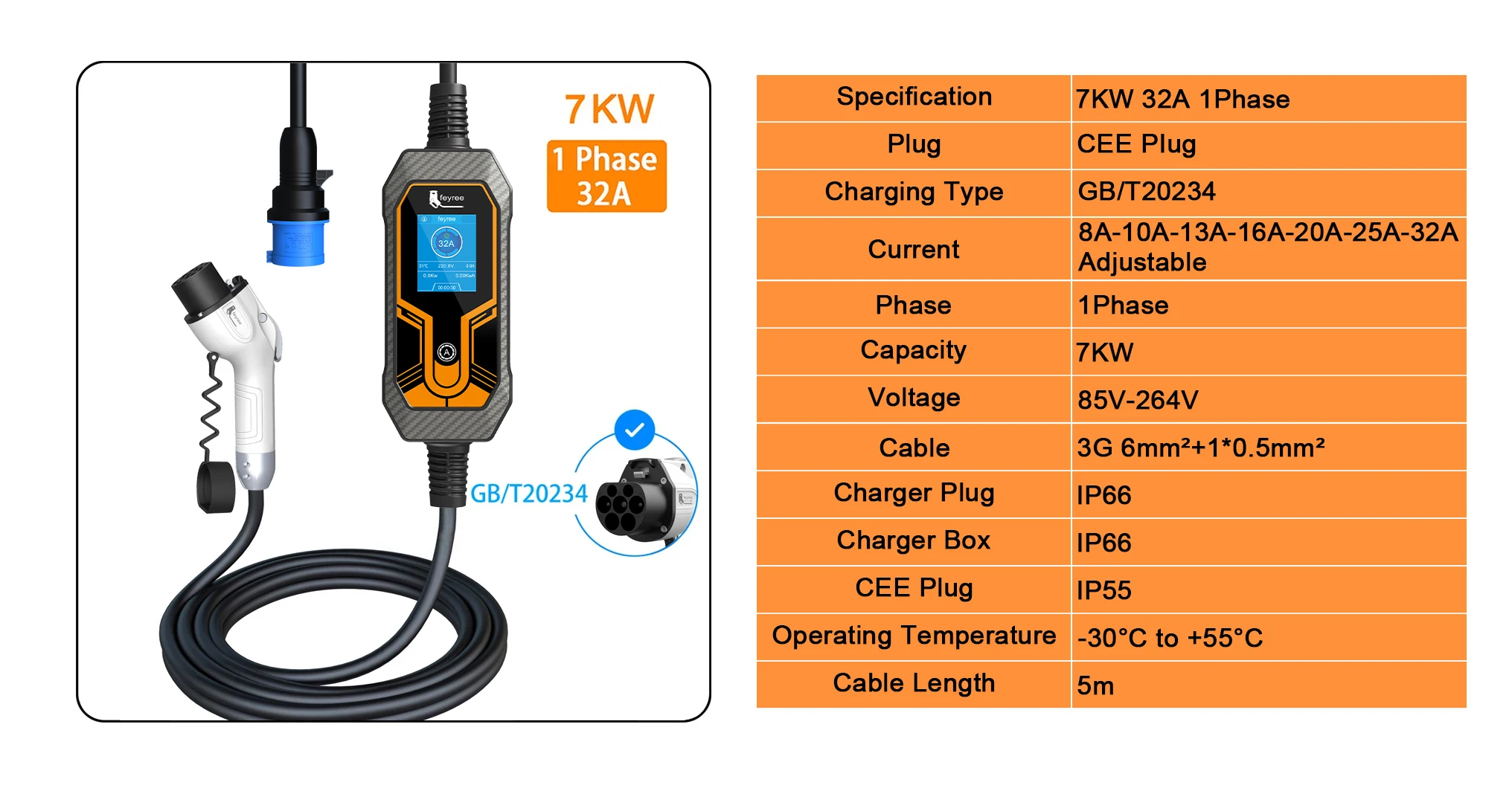 Feyree EV-Ladegerät Typ2 7KW 32A EVSE Tragbare Ladebox CEE Stecker Typ1 GB/T Kabel 5M Ladekabel für Elektrofahrzeuge – Detail 4