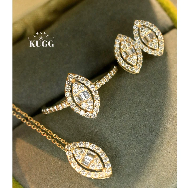 

KUGG 100% ожерелье из белого/желтого золота 18 карат, классический дизайн, серьги с настоящими натуральными бриллиантами, кольцо и ожерелье для женщин, комплект высоких ювелирных изделий