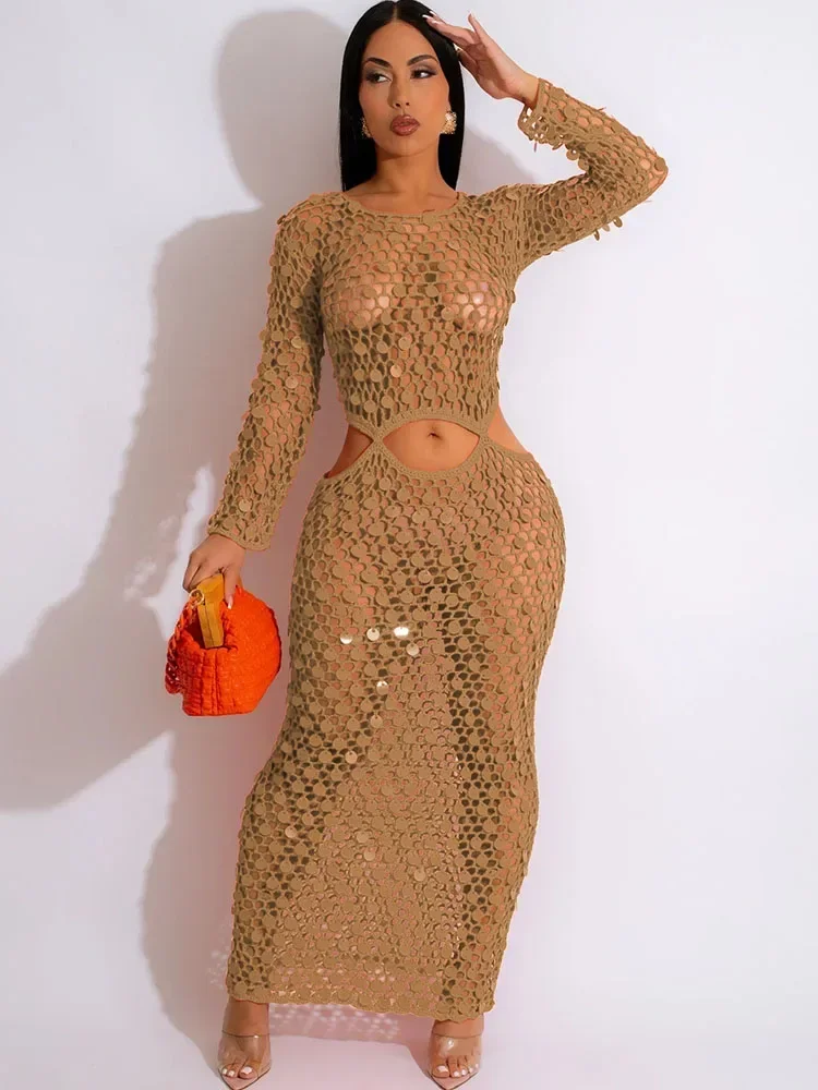 Sexy Sequined Crochet Knitted Beach Dress for Women Summer See-through Cover Up Bodycon Maxi Dress Vacation Club Party Dresses