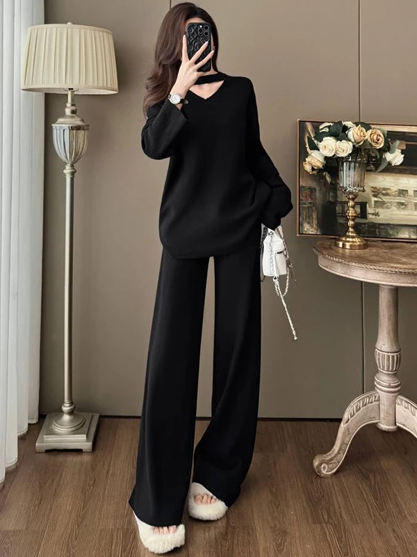 

Loose Korean Fashion Set Women's Winter New Style Elegantly V-neck Black Top Wide Leg Pants Two-piece Set Casual Sportswear