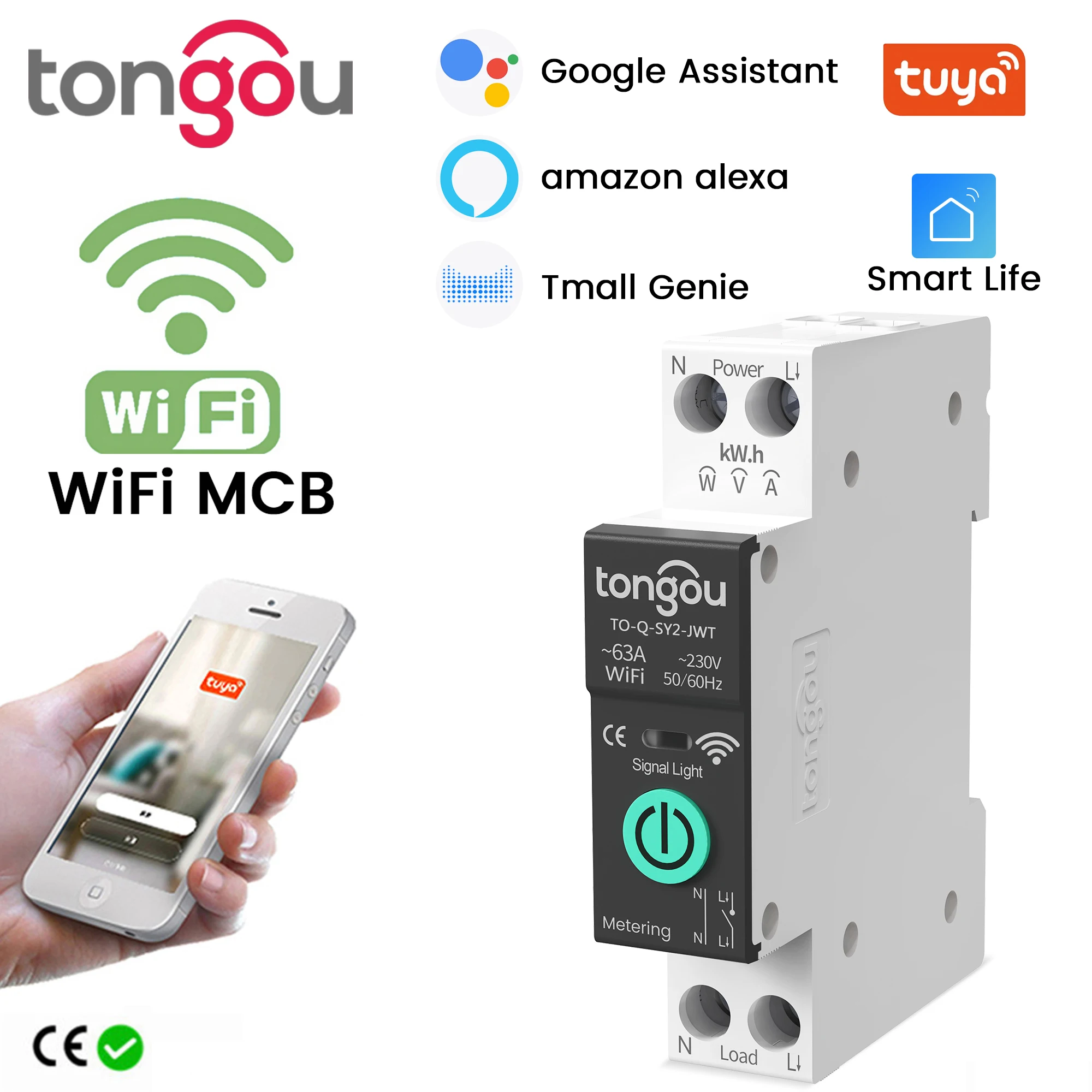 TUYA WiFi Smart Circuit Breaker Over current under voltage protection power metering 1-63A wireless Remote Control Switch TONGOU