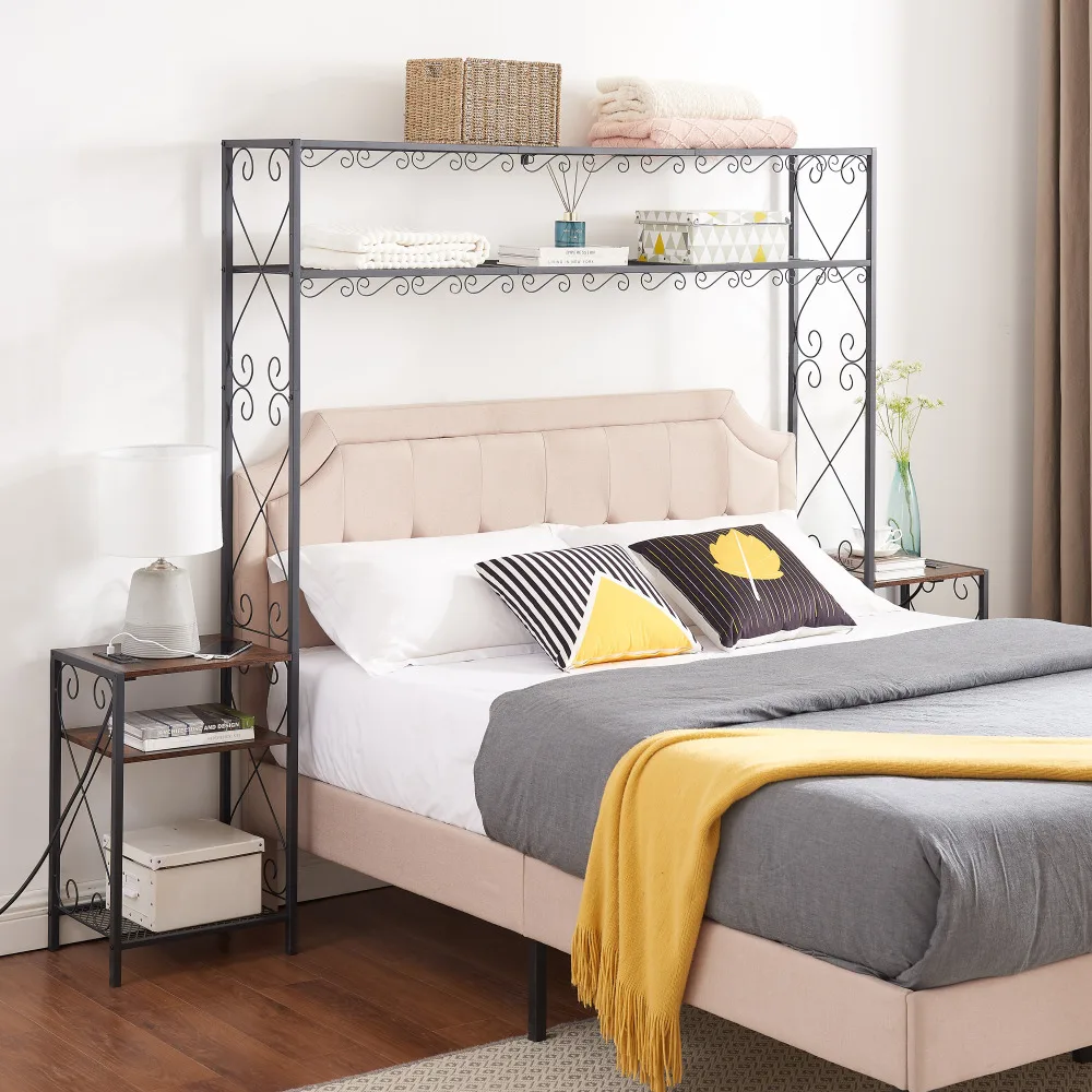 Queen Size Bed Frame with 2 Nightstands, Headboard with Storage, Headboard with Shelves, Easy To Assemble for Bedroom Bed Frame