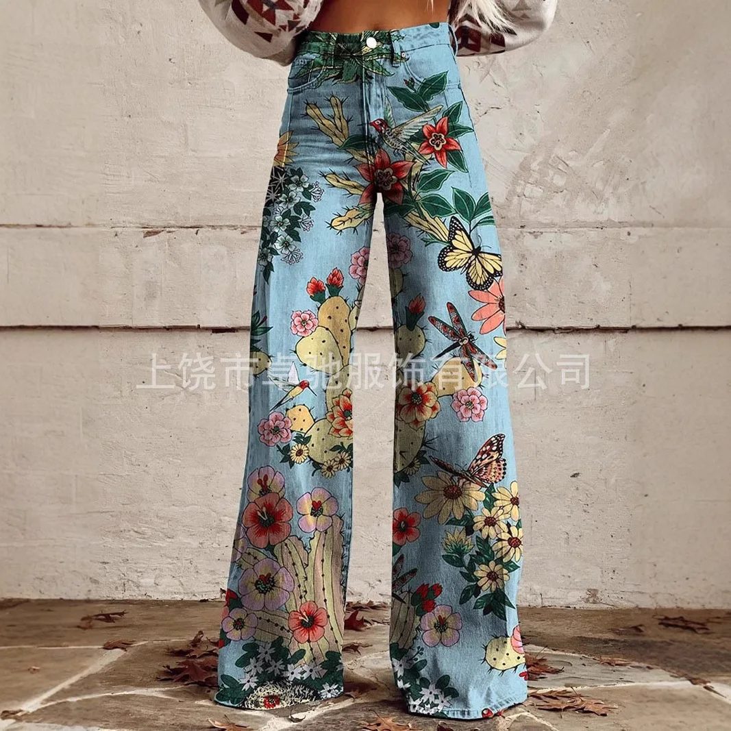 

2025 Large Size Women's Casual Pants Printed Imitation Jeans Wide-leg 3D Trendy Women's Pants Y2k Streetwear Women Clothes
