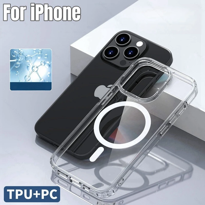 TPU+PC Case for iPhone 16 15 Pro Max 14 Plus 13 Transparent Magnetic Wireless Charge Shockproof Clear Cover for iphone 15pro