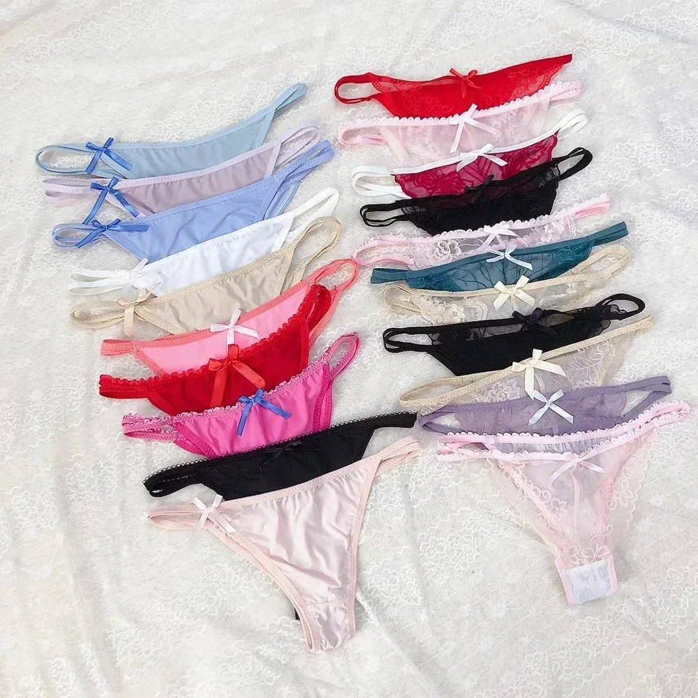 Women Random Color Ice Silk Lace Sheer Thongs Panties Sexy Lingerie For Ladies G-String Female Underwear Low Rise Briefs Thongs