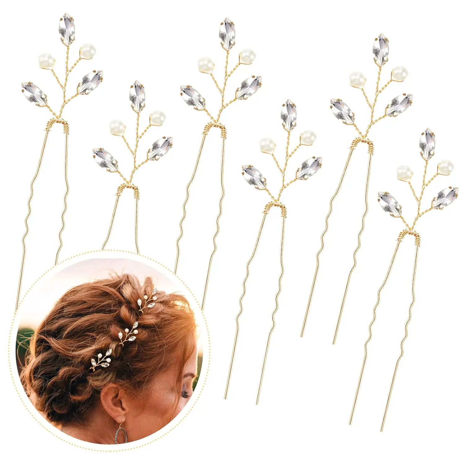 

6Pcs Pearl Crystal Bridal Hair Pins Rhinestone Flower Wedding Prom Accessory for Women Hairstyles (Gold)