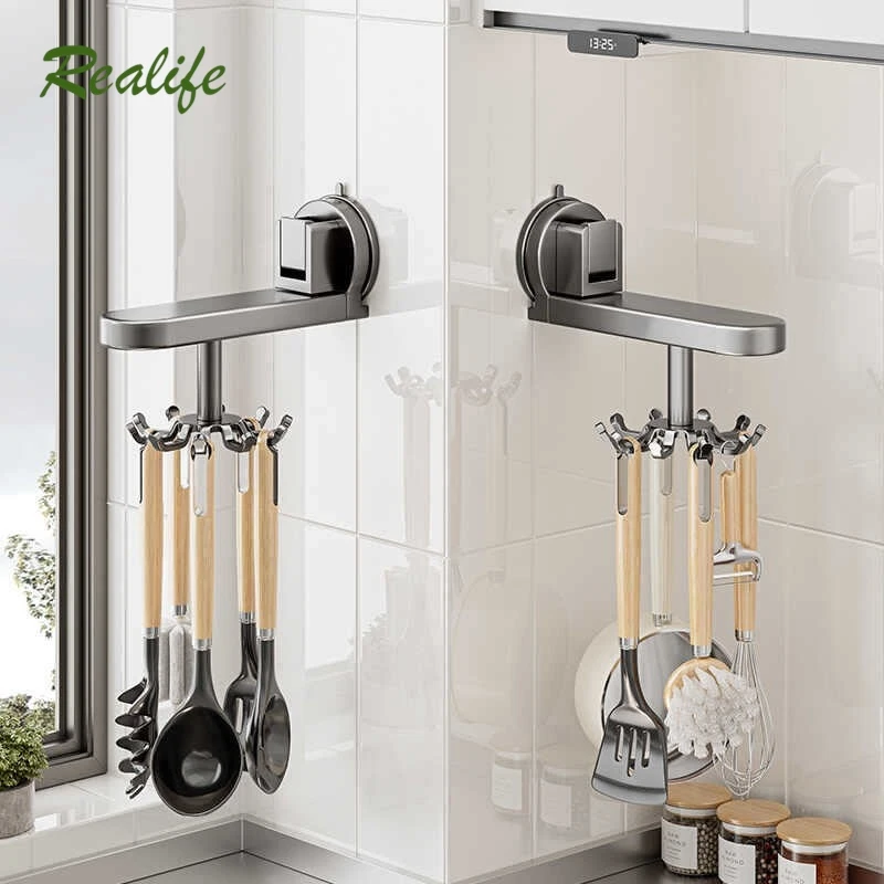 

Realife Kitchen Rotary Suction Hook Wall Mounted Shelf Kitchen Utensil Storage Shelf Punch-free Hanger Mueble