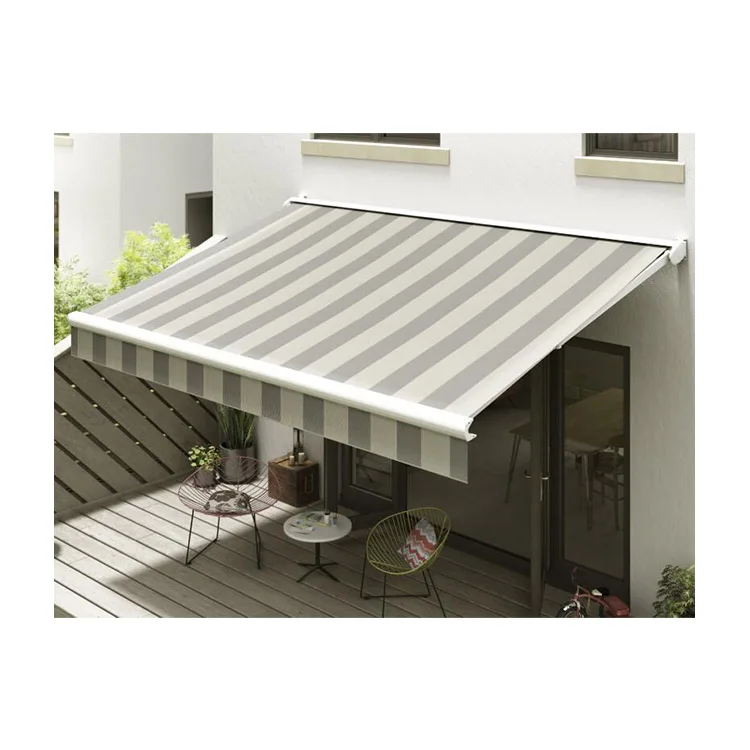6.6'x5' Outdoor Canopy Roller Awning White Grey Stripes Restaurant Window Sunshade Shelter Made Durable Polyester Sail Material