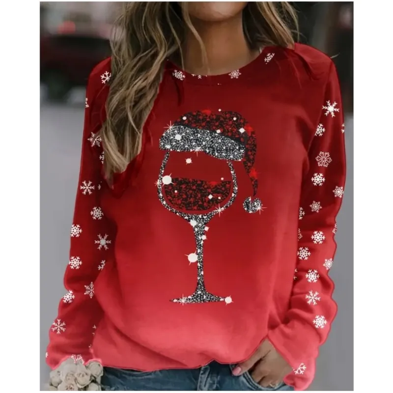 Elegant women's new Christmas wine glass printed round neck pullover hoodie luxurious and comfortable banquet hoodie for women