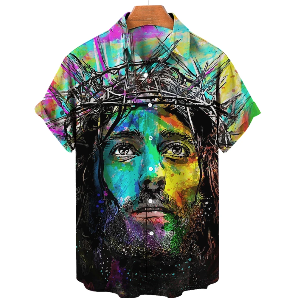 Camisa havaiana estampada em 3D masculina, estampa de Jesus, leão animal, rua alta, top solto, roupas de streetwear, moda