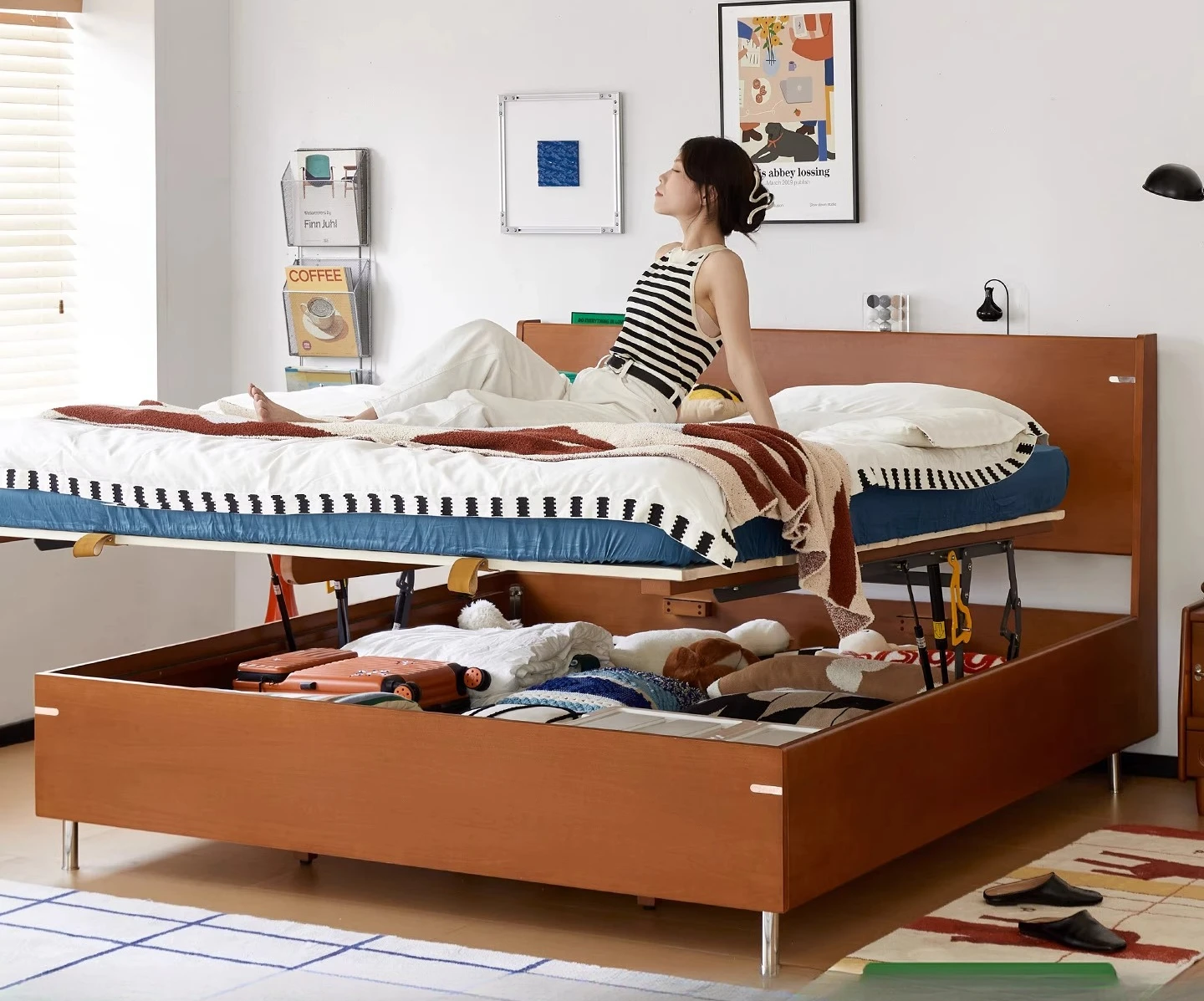 

box bed, retro, all solid wood, small apartment, double ground suspension, high box, storage, storage bed